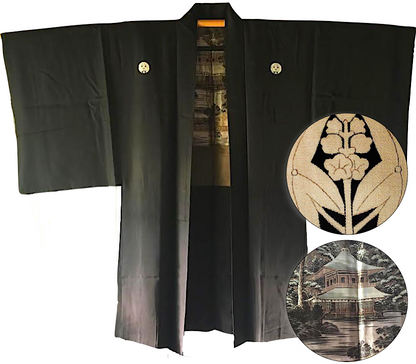 Antique Men’s Haori - Black Silk Montsuki Ginkakuji & Arashiyama Pattern Made in Japan