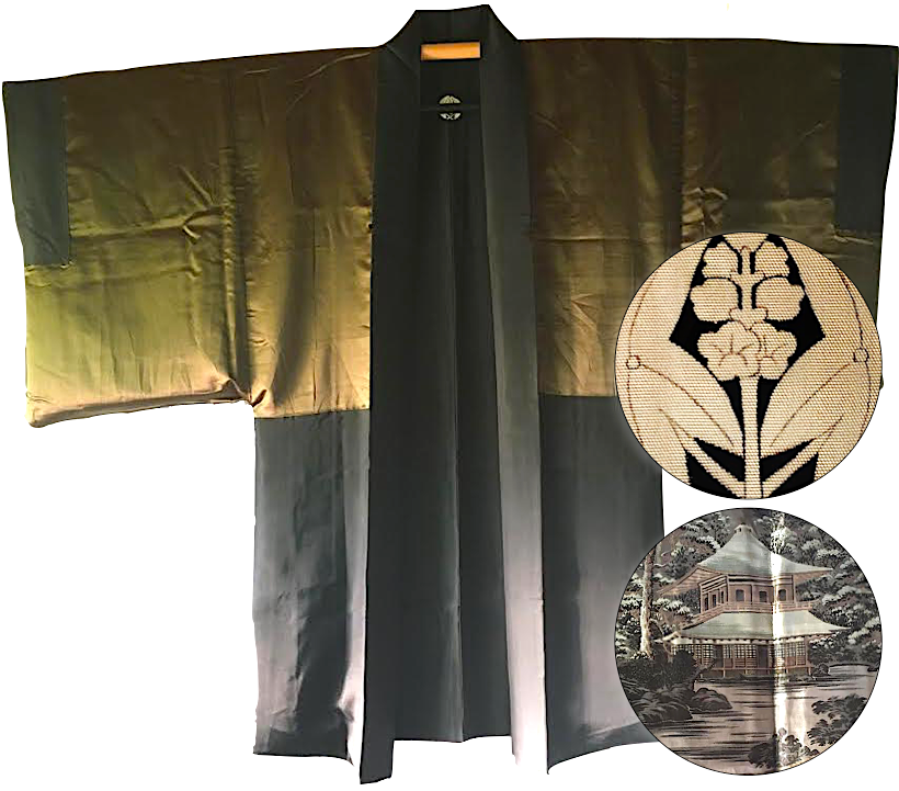 Antique Men’s Haori - Black Silk Montsuki Ginkakuji & Arashiyama Pattern Made in Japan