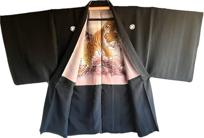 Antique Men’s Haori Black Silk Takanohane Montsuki “Tora” – Majestic Tiger