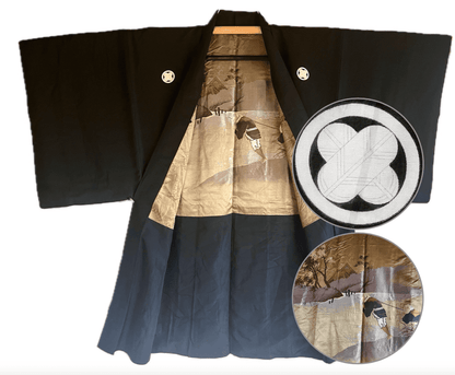 Antique Men’s Haori – Black Silk – TakanoHane Montsuki – Japanese Rural Landscape