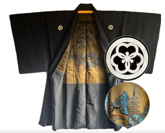 Antique Japanese Men’s Haori - Black Silk Katabami Montsuki with Horyuji Temple