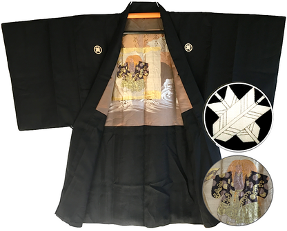 Luxury Antique Kimono Haori - Black Silk Maruni Chigai Ha Montsuki Kabuki Design