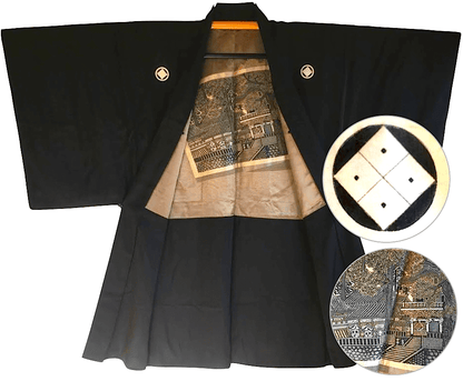 Men’s Antique Black Silk Haori Sumitate Yotsume Montsuki Toshogu Yomeimon Nikko