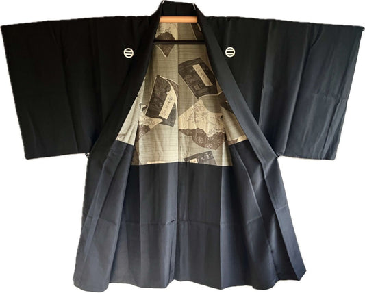 Men’s Antique Haori – Black Silk Futatsu Hiki Montsuki – Sansui Gaden