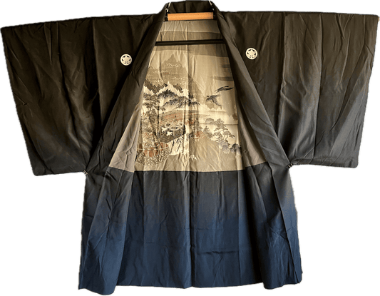 Men’s Antique Haori – Black Silk Tachibana Montsuki – Aki no Nihon Fūkei