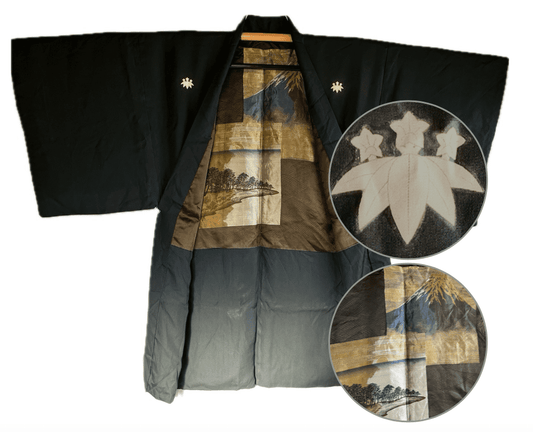 Men’s Antique Japanese Haori Black Silk Kiri Montsuki Mount Fuji View