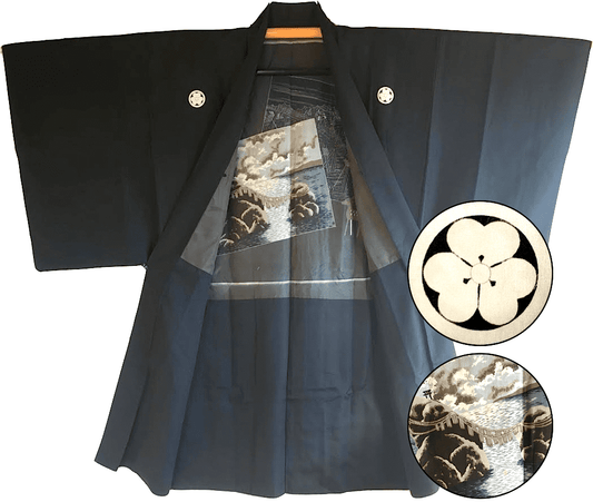 Men’s Japanese Haori – Black Silk Katabami Montsuki Meoto Iwa Ise