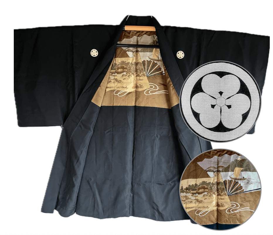 Men’s Japanese Haori – Black Silk Katabami Montsuki Kyomizudera Temple & Himeji Castle