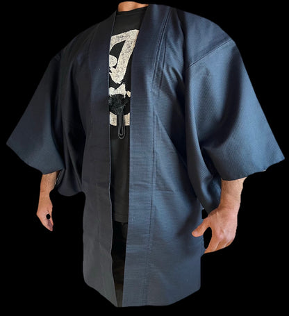 Men’s Traditional Japanese Haori – Blue Silk Ōshima with Kato Kiyomasa’s Kabuto Design