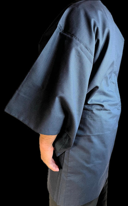 Men’s Traditional Japanese Haori – Blue Silk Ōshima with Kato Kiyomasa’s Kabuto Design