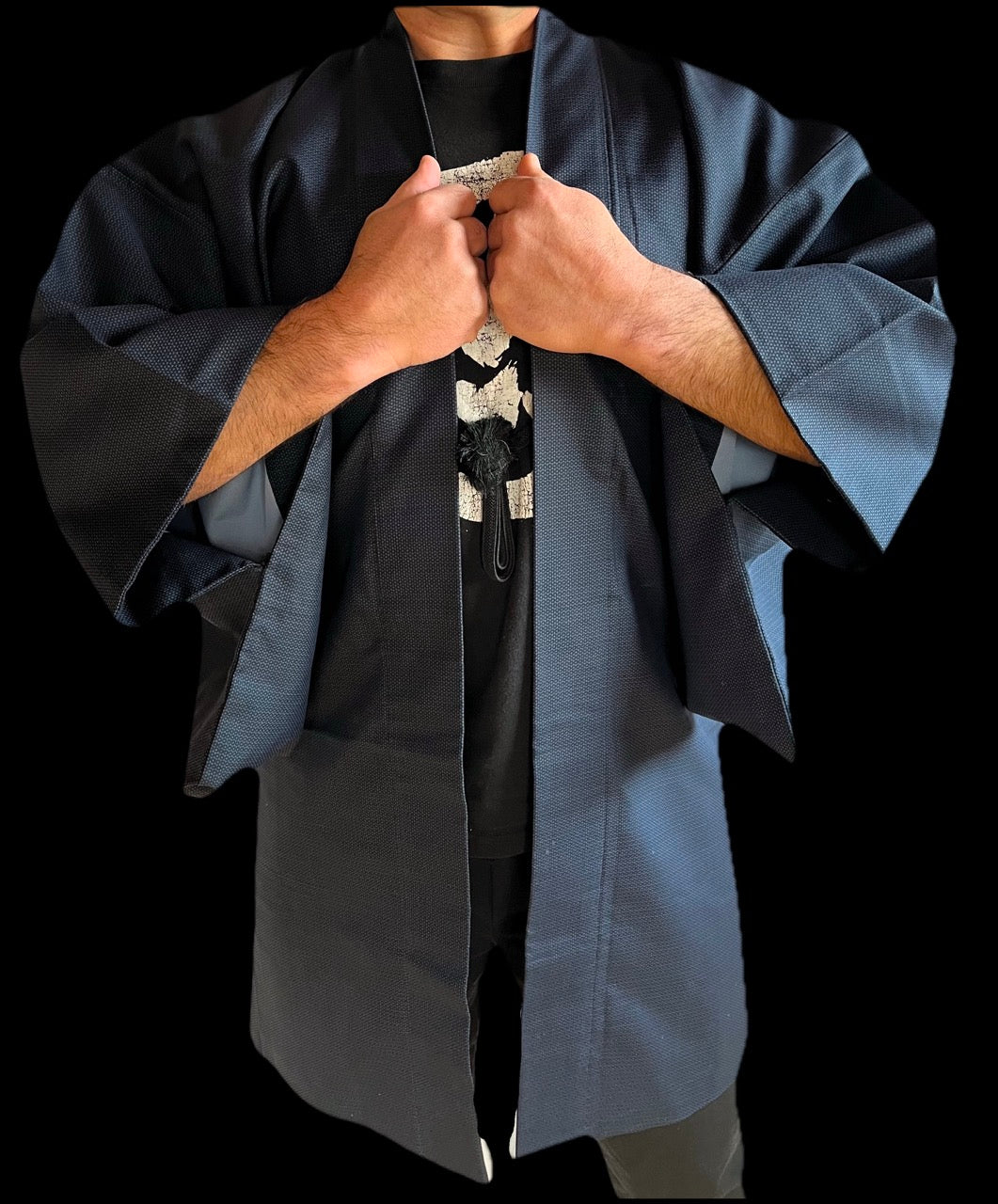 Men’s Traditional Japanese Haori – Blue Silk Ōshima with Kato Kiyomasa’s Kabuto Design