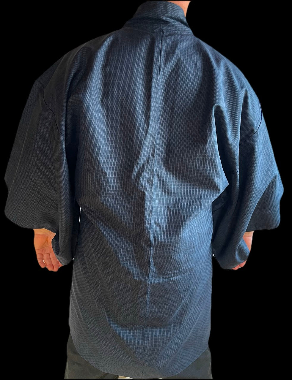 Men’s Traditional Japanese Haori – Blue Silk Ōshima with Kato Kiyomasa’s Kabuto Design